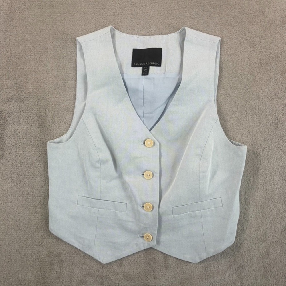 Banana Republic Petite Islet Vest in Light Blue Linen Blend Women Petite 00 NWOT